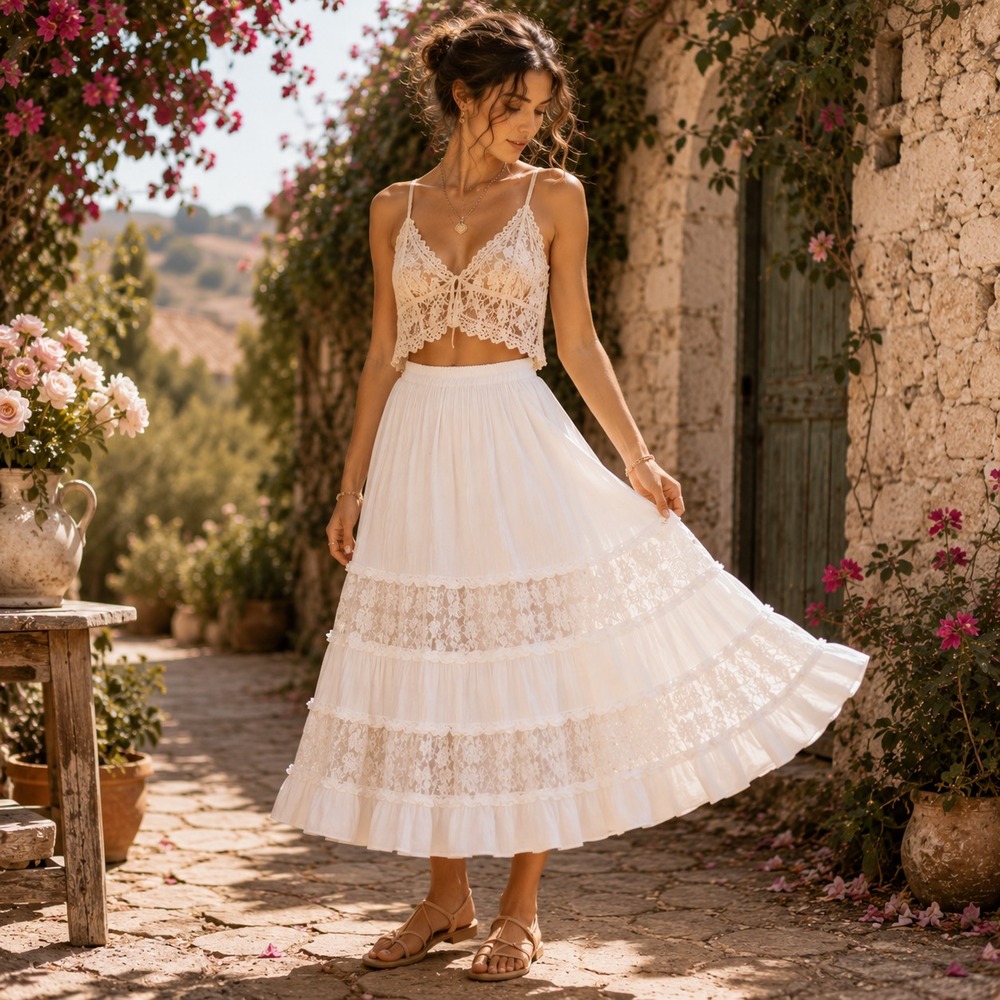 Indira‎ Lace Tiered Boho Midi Skirt Sz M White Cottage Prairie Peasant Festival